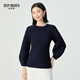 深呼吸DEEP BREATH女裝拼接坑條七分袖水滴袖針織衫女A301643 藏藍 S (2)