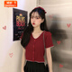 婍妡夏季2025新款韓版針織衫短袖t恤女修身短款學(xué)生上衣設(shè)計感女小眾 棗紅色 均碼 [建議70-125斤]