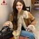 夏雨瑤美拉德復(fù)古棕色毛毛夾棉保暖外套女冬季新款加厚短款棉服牛仔棉衣 棕色 下擺帶毛毛 M 建議100-110斤