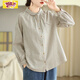 初徑舒適親膚面料文藝棉麻長(cháng)袖襯衫春秋新款彼得復古休閑寬松條紋 米白條紋 L 建議115-130斤穿