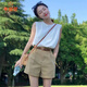 乖甜星卡其色休閑短褲套裝女高腰小個子2025新款夏季a字早春工裝褲 卡其色褲子 M
