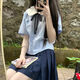 茉衣雅（MOYIYA）藍(lán)條紋襯衫女顯瘦上衣百搭清新百褶裙短裙夏季jk制服學(xué)院風(fēng)套裝女 3件套/條紋襯衫+紺色短裙+紺色領(lǐng)繩 M