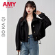 愛(ài)麥依2026春秋季新款翻領(lǐng)抽繩短款外套女學(xué)生寬松小個(gè)子夾克上衣潮 黑色外套 M 110斤以下