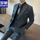 羅蒙（ROMON）咖色雙排扣西裝男套裝英倫修身男士大碼西服三件套結婚新郎禮服潮 墨綠（西服+馬甲+西褲） 52(125-135斤) XL