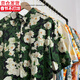 肯奈迪襯衫夏季男休閑襯衫提花短袖男襯衣花襯衫夏威夷寬松沙灘度假外套 綠色-油畫花朵-襯衫 2XL 【170CM-180CM】