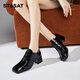 星期六方頭牛皮革單鞋女軟底粗跟面試正裝鞋增高通勤小皮鞋 黑色 38 