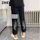 ZMEX休閑褲男韓版潮流款四條杠褲子印花直筒九分褲春秋百搭運動(dòng)長(cháng)褲男 黑色翅膀四桿 () 4XL