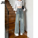 Jret復古高腰闊腿牛仔褲女夏季綁帶美式高街寬松直筒褲垂褲子潮 藍色 L