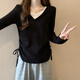 憶思減大碼女裝2025年春秋胖mm顯瘦設(shè)計感v領(lǐng)抽繩假兩件拼接針織衫百搭 黑色 XL 建議(121-140斤)