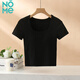 NOMe帶胸墊法式方領(lǐng)短袖短款T恤女外穿螺紋修身露臍半袖 黑色 M 