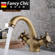 FANCYCHIC仿古水龍頭全銅歐式金色復古冷熱水美式黃銅拉絲個(gè)性老式古銅色 仿古色款 不配進(jìn)水管