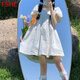FSHE泡泡袖印花連衣裙女夏季新款溫柔設計感小眾宮廷風(fēng)小個(gè)子蓬蓬裙子 白色裙 M _[建議85-102斤]