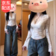 晴碧琳純欲性感V領(lǐng)蕾絲打底衫女春季2025新款獨(dú)特別致辣妹喇叭長袖上衣 V領(lǐng)喇叭袖打底衫【白色】 L (建議80-110斤）不含胸墊