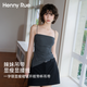 Henny Rue吊帶背心女辣妹一字領顯瘦褶皺開衩帶胸墊一體式高彈修身打底上衣 深麻灰 M （建議80-110斤）