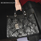 BCBG Max Azria【頭層牛皮玫瑰雕花】手提女包輕奢大牌托特包大雅丹風(fēng)單肩斜挎包 黑色