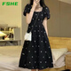 FSHE2025年法式甜美方領(lǐng)黑色碎花連衣裙女夏季收腰顯瘦長(cháng)裙 黑色 L