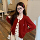 韓系假兩件紅色蝴蝶結針織衫女2025秋季新款甜美毛衣開(kāi)衫外套 酒紅色 均碼 建議85-125斤