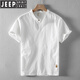 JEEP SPIRIT夏季男士亞麻短袖襯衫立領棉麻薄款復古休閑套頭寬松半袖t恤上衣 白色【天然亞麻面料】 L