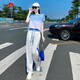 皮爾卡丹（pierre cardin）休閑運(yùn)動減齡套裝女2025夏季新款設(shè)計感短款上衣闊腿褲時尚兩件套 藍(lán)色拼白色套裝 XXL