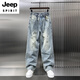 JEEP SPIRIT潮流少年感破洞水洗牛仔褲男士2025春季韓版寬松美式復古直筒長褲 藍色 M 體重  100-120斤
