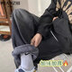 棉致美式加絨加厚牛仔褲男秋季新款高街煙灰色休閑闊腿褲直筒休閑褲子 灰色【F228加絨高品質(zhì)29】 XL 125-135斤