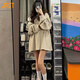 Jret（JRET）大碼300斤polo領長袖T恤女上衣女歐貨寬松顯瘦華夫格加絨衛(wèi)衣女 杏色春秋款 2XL 建議140-180斤