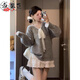 乖米豆灰色設計感蕾絲拼接蝴蝶結(jié)長袖毛衣針織衫女秋季休閑寬松氣質(zhì)上衣 灰色假兩件 M 建議95-105斤