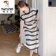 啄木鳥(niǎo)（TUCANO）冰絲條紋連衣裙夏季過(guò)膝短袖胖M特大尺碼300斤寬松遮肚顯瘦T恤裙 杏條紋 L 90-120斤