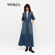MO&Co.連衣裙2025春新品高腰腰帶洗磨棉質(zhì)復(fù)古襯衫長(zhǎng)裙MBE1DRS035 牛仔藍(lán)色 L 170