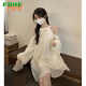 FSHE夏季燈籠袖掛脖露肩掛脖連衣裙女寬松仙女可愛氣質(zhì)穿搭海邊A字裙 杏色 【版】 L