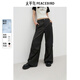 太平鳥(niǎo)女裝休閑褲寬松高腰春季闊腿束腳傘兵褲 黑色 M