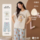 秋鹿睡衣女帶胸墊純棉25春夏新款韓版卡通小熊抑菌七分褲家居服套裝 奶蓋白 【帶胸墊】 L