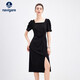 納維凱爾意大利小帆船女小黑裙修身中長(cháng)裙方領(lǐng)連衣裙2322875517 黑 M 