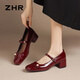 ZHR瑪麗珍鞋女方頭粗跟輕便單鞋女氣質(zhì)珍珠女鞋 K307 酒紅色  37 