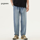 gxgjeans男裝 藍色水洗松緊腰寬松錐形休閑牛仔長(cháng)褲 25年夏新款 藍色 XL (180) -32碼
