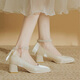緋垚法式粗跟高跟鞋女白色婚紗新娘鞋結婚婚鞋氣質(zhì)方頭伴娘單鞋 高跟鞋米白色 5cm 37