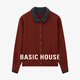 Basic House/百家好拼色翻領(lǐng)短款毛衣2025春新款假兩件開(kāi)衫外套女 紅色 L