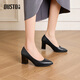 大東通勤鞋女鞋2026春季新款粗跟高跟套腳尖頭光板淺口單鞋C0610 黑色 37
