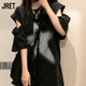 Jret2025夏季新款短袖T恤女美式街頭嘻哈hiphop紐扣可拆卸袖寬松上衣 黑色[可拆卸袖子]模特效果拍大 M 86105斤