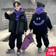 哈羅小黃鴨HAL.DUCK男童冬季套裝三件套2024新款冬裝加絨加厚中大童保暖男孩衣服帥氣 笑臉紫色 120 建議身高110cm左右