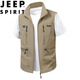 JEEP SPIRIT吉普馬甲男士春夏休閑立領(lǐng)工裝無袖戶外釣魚馬甲背心 卡其色 2XL