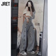 Jret愛心刺繡直筒牛仔褲女初中生新款高腰寬松顯瘦森系闊腿褲子ins潮 藍(lán)色 L