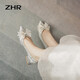 ZHR單鞋女優(yōu)雅法式粗跟女鞋水晶婚鞋蝴蝶結(jié)尖頭鞋子女 Y726 銀色 38