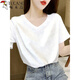 啄木鳥(niǎo)V領(lǐng)短袖女t恤夏季新款2026大領(lǐng)口竹節棉正肩棉薄款上衣時(shí)尚洋氣 白色竹節棉純色 S 80-100斤