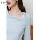 詩(shī)凡黎（‘S EIFINI）詩(shī)凡黎斜肩扭結設計長(cháng)袖T恤2025春新款修身親膚內搭打底衫上衣女 嬰兒藍 S