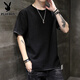 花花公子（PLAYBOY）冰絲短袖t恤男士亞麻夏季薄款半袖潮流牌上衣服大碼打底T五分速干 黑色 L 【110-130斤】
