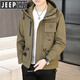 JEEP SPIRIT夾克男春季2025新款休閑連帽外套潮流帥氣工裝春秋純色百搭上衣服 咖啡色 2XL 115-135斤