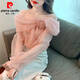 皮爾卡丹（pierre cardin）法式襯衫女一字肩上衣超仙長(cháng)袖雪紡立體花朵小衫上衣2025早春新款 粉紅色 XL