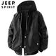 JEEP SPIRIT連帽皮夾克外套男春秋新款時尚假兩件撞色休閑百搭寬松皮夾克 黑色 常規(guī) L 建議140-160斤
