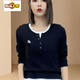 初徑春季新款假兩件長(cháng)袖圓領(lǐng)恤修身洋氣顯瘦打底衫時(shí)尚女士上衣 黑色 XL (建議115-130斤)